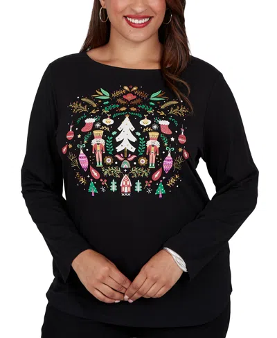 Ruby Rd. Plus Size Nutcracker Holiday Boat Neck T-shirt In Black