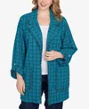 Ruby Rd. Plus Size Open Front Tweed Patch Pocket Jacket In Blue