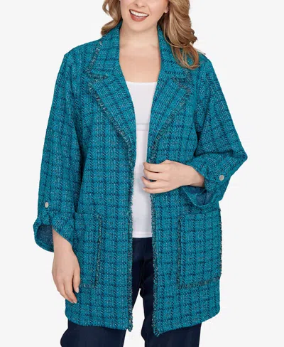 Ruby Rd. Plus Size Open Front Tweed Patch Pocket Jacket In Blue