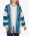 Ruby Rd. Plus Size Open Multi Stripe Cardigan Sweater In Jade Multi