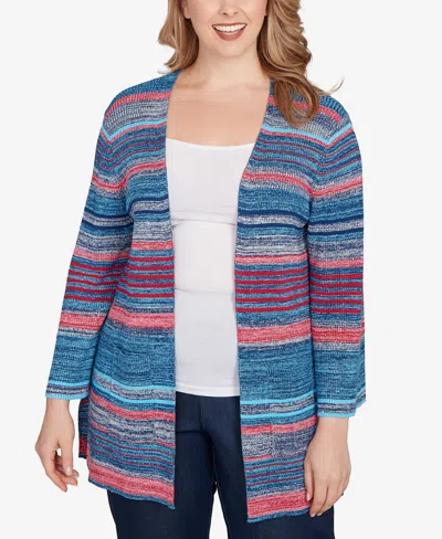 Ruby Rd. Plus Size Open Ribbed Stripe Front Pocket Cardigan Sweater In Multi
