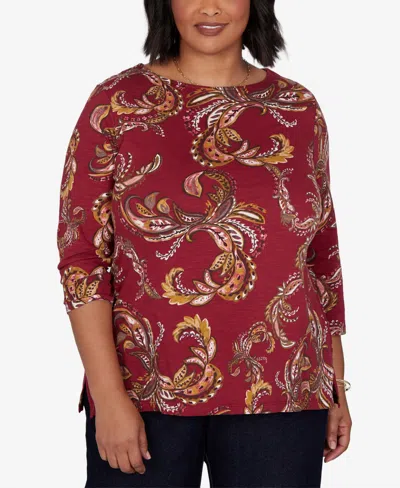 Ruby Rd. Plus Size Paisley 3/4-sleeve Boat-neck T-shirt In Red