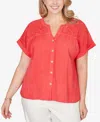 Ruby Rd. Plus Size Paisley Embroidered Gauze Button T-shirt In Red