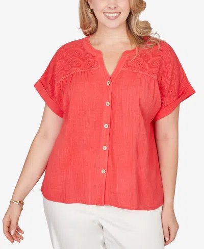 Ruby Rd. Plus Size Paisley Embroidered Gauze Button T-shirt In Red