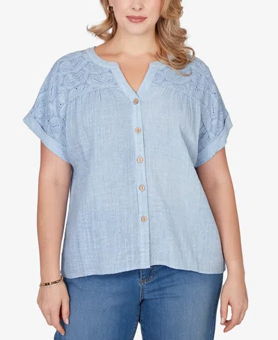 Ruby Rd. Plus Size Paisley Embroidered Gauze Button T-shirt In Blue