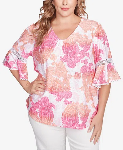 Ruby Rd. Plus Size Paisley Textured V-neck Top In Pink