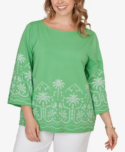 Ruby Rd. Plus Size Palm Tree Embroidered Knit Top In Green