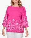 Ruby Rd. Plus Size Palm Tree Embroidered Knit Top In Pink