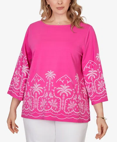 Ruby Rd. Plus Size Palm Tree Embroidered Knit Top In Pink