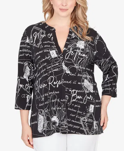 Ruby Rd. Plus Size Parisian Print Embellished Knit Top In Black