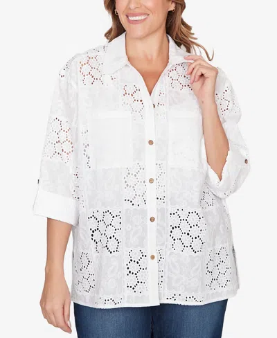 Ruby Rd. Plus Size Patchwork Eyelet Roll-tab Sleeve Top In White