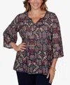 Ruby Rd. Plus Size Patchwork Henley 3/4-sleeve Blouse In Scarlet Multi