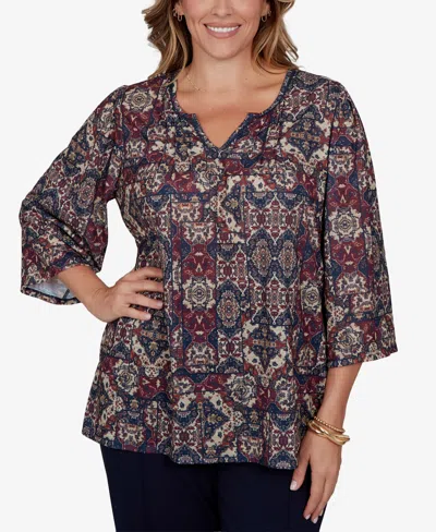 Ruby Rd. Plus Size Patchwork Henley 3/4-sleeve Blouse In Scarlet Multi
