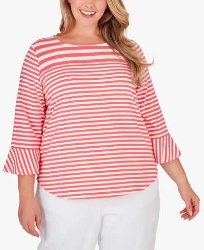 Ruby Rd. Plus Size Patio Party Striped Jersey Top In Guava Multi