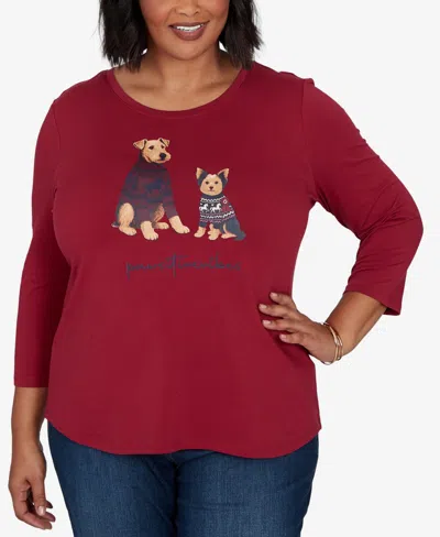 Ruby Rd. Plus Size Pawsitive Boat Neck 3/4-sleeve Graphic T-shirt In Red