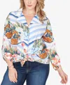 Ruby Rd. Plus Size Picnic Print Poplin Tied Snap Front Top In Blue