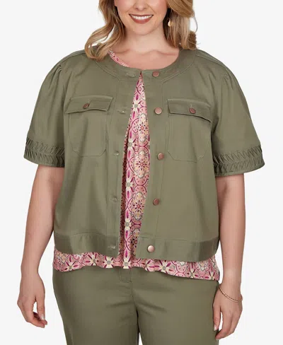 Ruby Rd. Plus Size Pleated Short-sleeve Soft Denim Jacket In Green