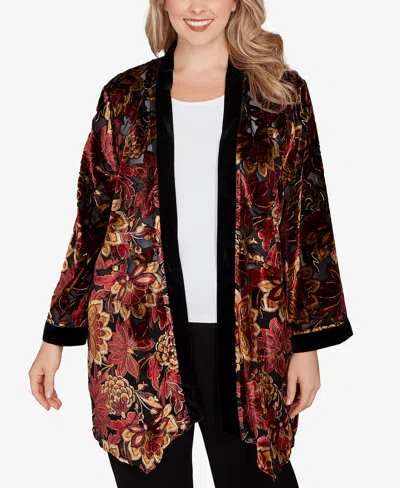 Ruby Rd. Plus Size Printed Velvet Burnout Open Cardigan Jacket In Multi
