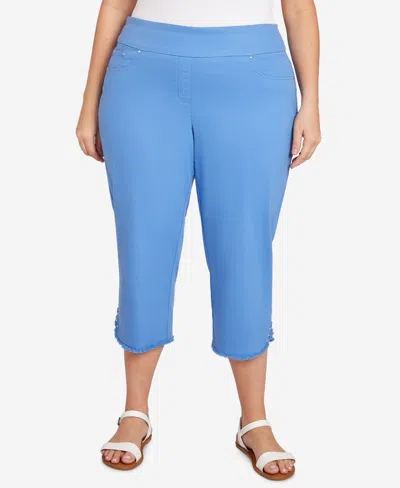 Ruby Rd. Plus Size Pull-on Stretch Denim Lace Hem Capri Pants In Blue Moon