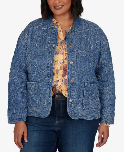 Ruby Rd. Plus Size Quilted Floral Denim Jacket In Blue