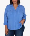 Ruby Rd. Plus Size Rib Trim Button Front Knit Top In Blubird