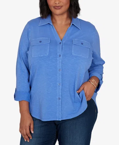 Ruby Rd. Plus Size Rib Trim Button Front Knit Top In Blubird
