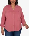 Ruby Rd. Plus Size Rib Trim Button Front Knit Top In Rose