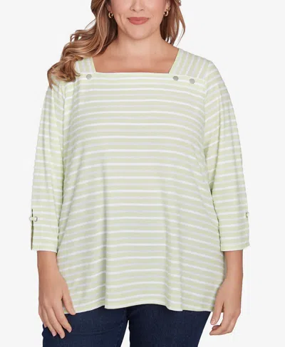 Ruby Rd. Plus Size Ribbon Stripe Laced Sleeve Top In Avocado Multi