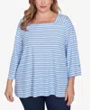 Ruby Rd. Plus Size Ribbon Stripe Laced Sleeve Top In Azure Multi