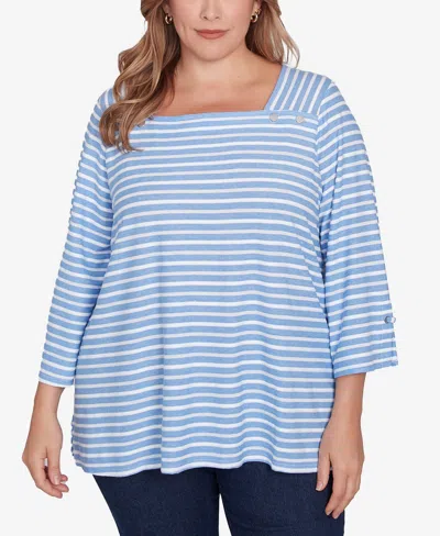 Ruby Rd. Plus Size Ribbon Stripe Laced Sleeve Top In Azure Multi