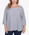 Ruby Rd. Plus Size Ribbon Stripe Laced Sleeve Top In True Navy Multi