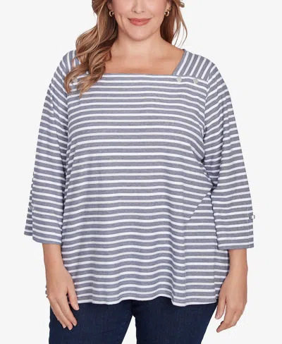 Ruby Rd. Plus Size Ribbon Stripe Laced Sleeve Top In True Navy Multi