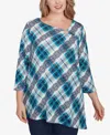 Ruby Rd. Plus Size Ring Neck Plaid Hatchi Knit Top In Navy Multi
