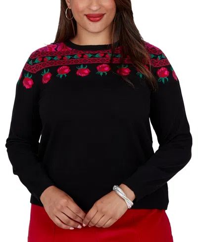 Ruby Rd. Plus Size Rose Fair-isle Long-sleeve Pullover In Black