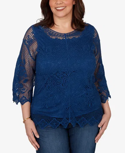 Ruby Rd. Plus Size Scalloped Medallion Crochet Lined Lace Top In Blue