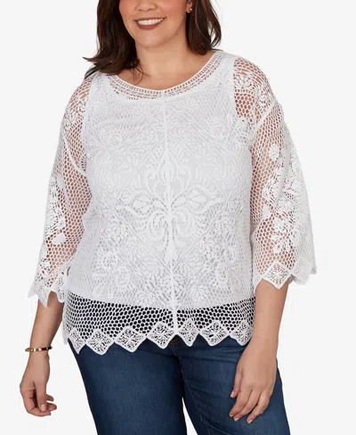 Ruby Rd. Plus Size Scalloped Medallion Crochet Lined Lace Top In White