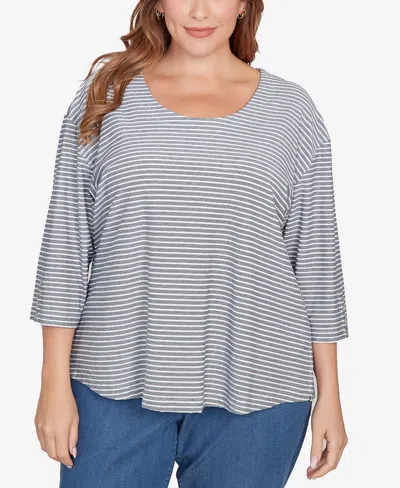 Ruby Rd. Plus Size Scalloped Texture Stripe Top In Blue