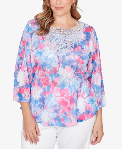 Ruby Rd. Plus Size Scoop Neck Embellished Floral Sublimation Top In Multi