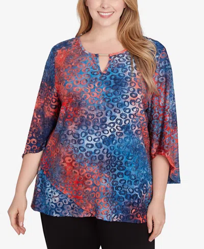 Ruby Rd. Plus Size Scoop Neck With Bar Detail Tie Dyed Spots Jacquard Knit Top In Indigo Multi