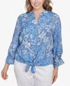Ruby Rd. Plus Size Silky Floral Tile Button Tie Front Top