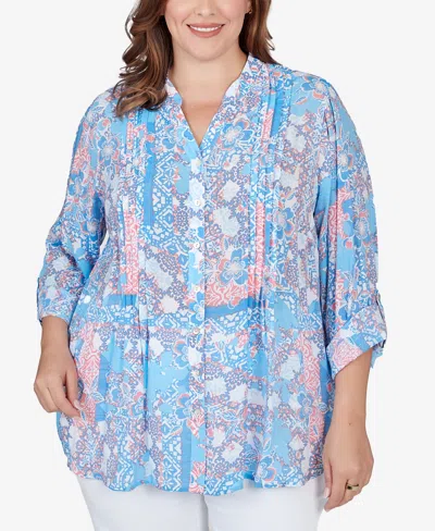 Ruby Rd. Plus Size Silky Gauze Patio Party Patchwork Button Front Top In Capri Blue Multi