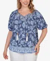 Ruby Rd. Ruby Rd Floral Split Neck Clip Dot Top In Blue