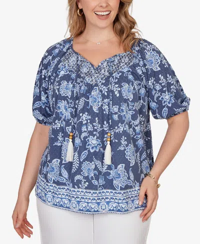Ruby Rd. Ruby Rd Floral Split Neck Clip Dot Top In Blue