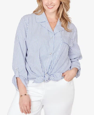 Ruby Rd. Plus Size Snap Front Tie Hem Pucker Stripe Top In Blue