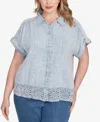 Ruby Rd. Plus Size Snow Washed Crochet Hem Collared Shirt In Blue