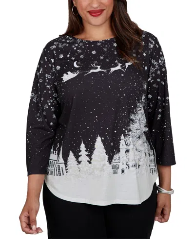 Ruby Rd. Plus Size Snowflake Crewneck 3/4-sleeve T-shirt In Black