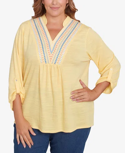Ruby Rd. Plus Size Soft Relaxed Textured V-neck Trim Top In Lemon