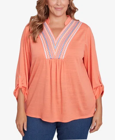 Ruby Rd. Plus Size Soft Relaxed Textured V-neck Trim Top In Orange Pop