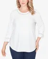Ruby Rd. Plus Size Solid Clip Dot Lace Trim Knit Top In White