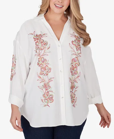 Ruby Rd. Plus Size Solid Embroidered Crepe Top In White